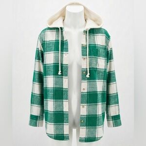 American Eagle Outfitters Green and White Oversized Flannel Plaid Shirt Jacket